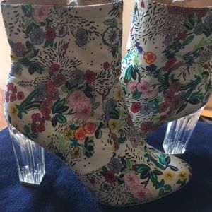 Floral Print Clear Heel Ankle Boots